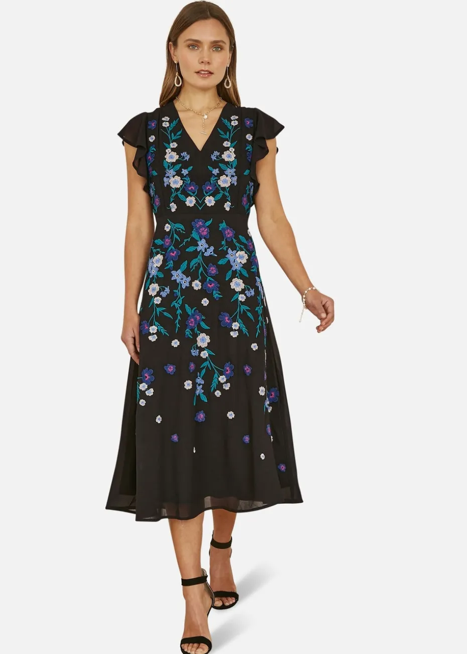 Yumi Black All Over Floral Embroidery Midi Skater Dress