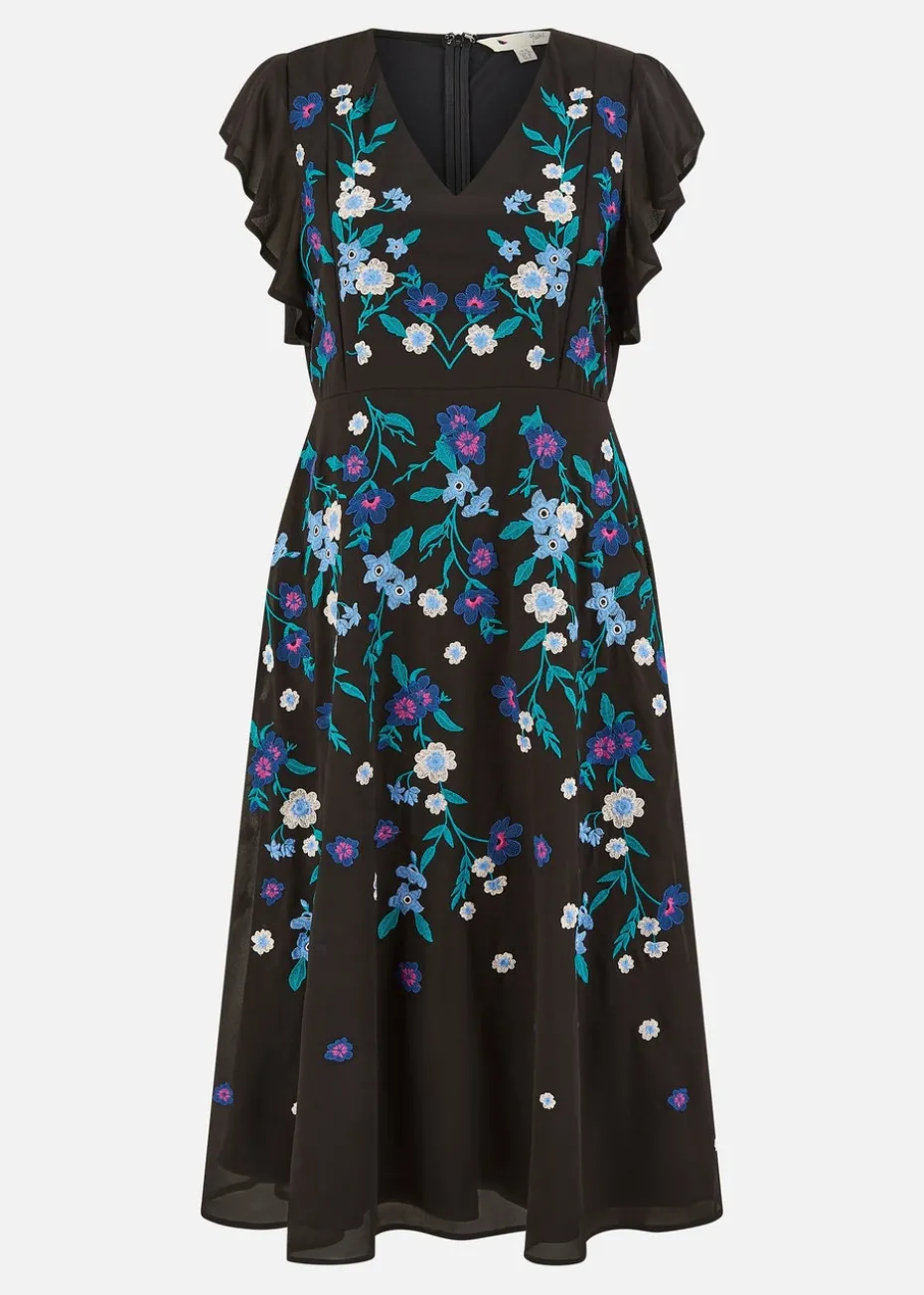 Yumi Black All Over Floral Embroidery Midi Skater Dress