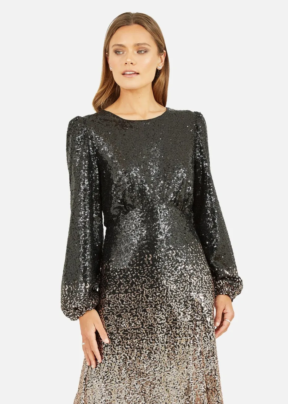 Yumi Black And Gold Sequin Ombre Long Sleeve Midi Dress