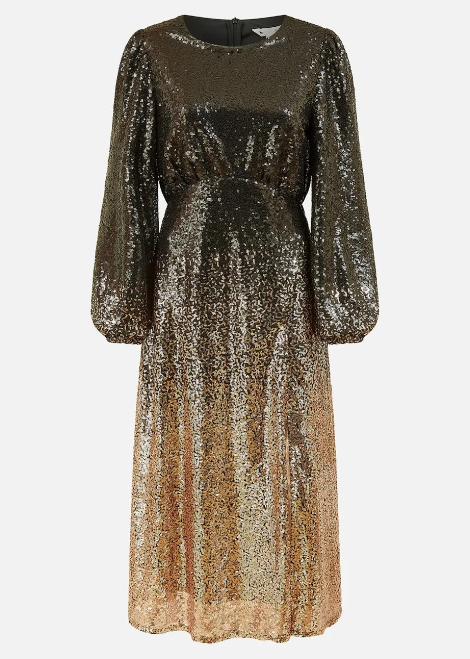 Yumi Black And Gold Sequin Ombre Long Sleeve Midi Dress