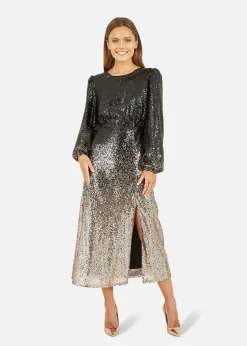 Yumi Black And Gold Sequin Ombre Long Sleeve Midi Dress