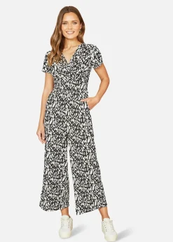 Yumi Black And White Wrap Over Stretch Jumpsuit