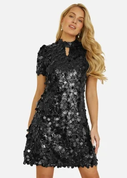 Yumi Black Big Sequin Tunic With Keyhole Neckline