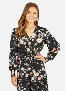 Yumi Black Blossom Floral Print Ruched Long Sleeves Midi Dress