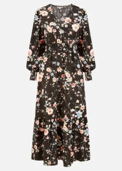 Yumi Black Blossom Floral Print Ruched Long Sleeves Midi Dress