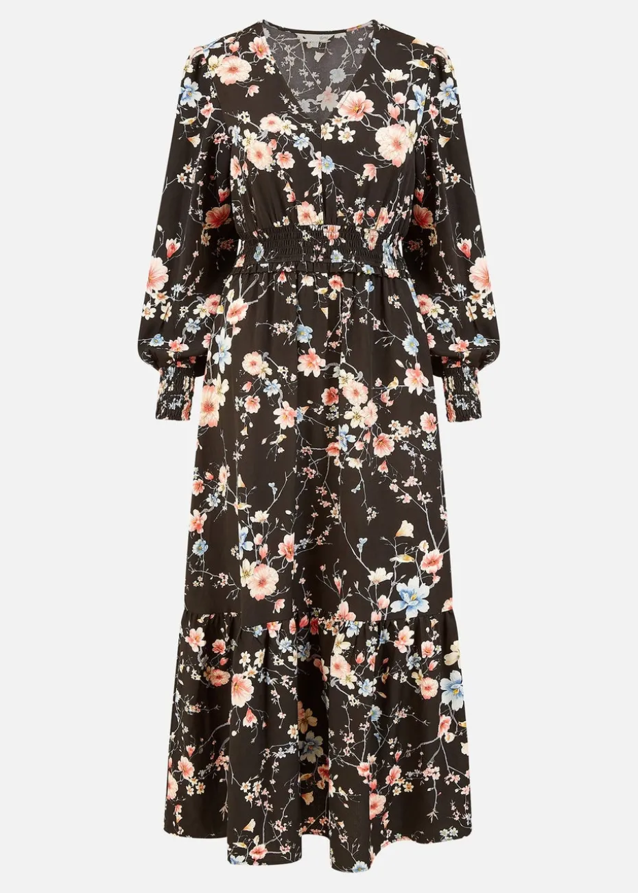 Yumi Black Blossom Floral Print Ruched Long Sleeves Midi Dress