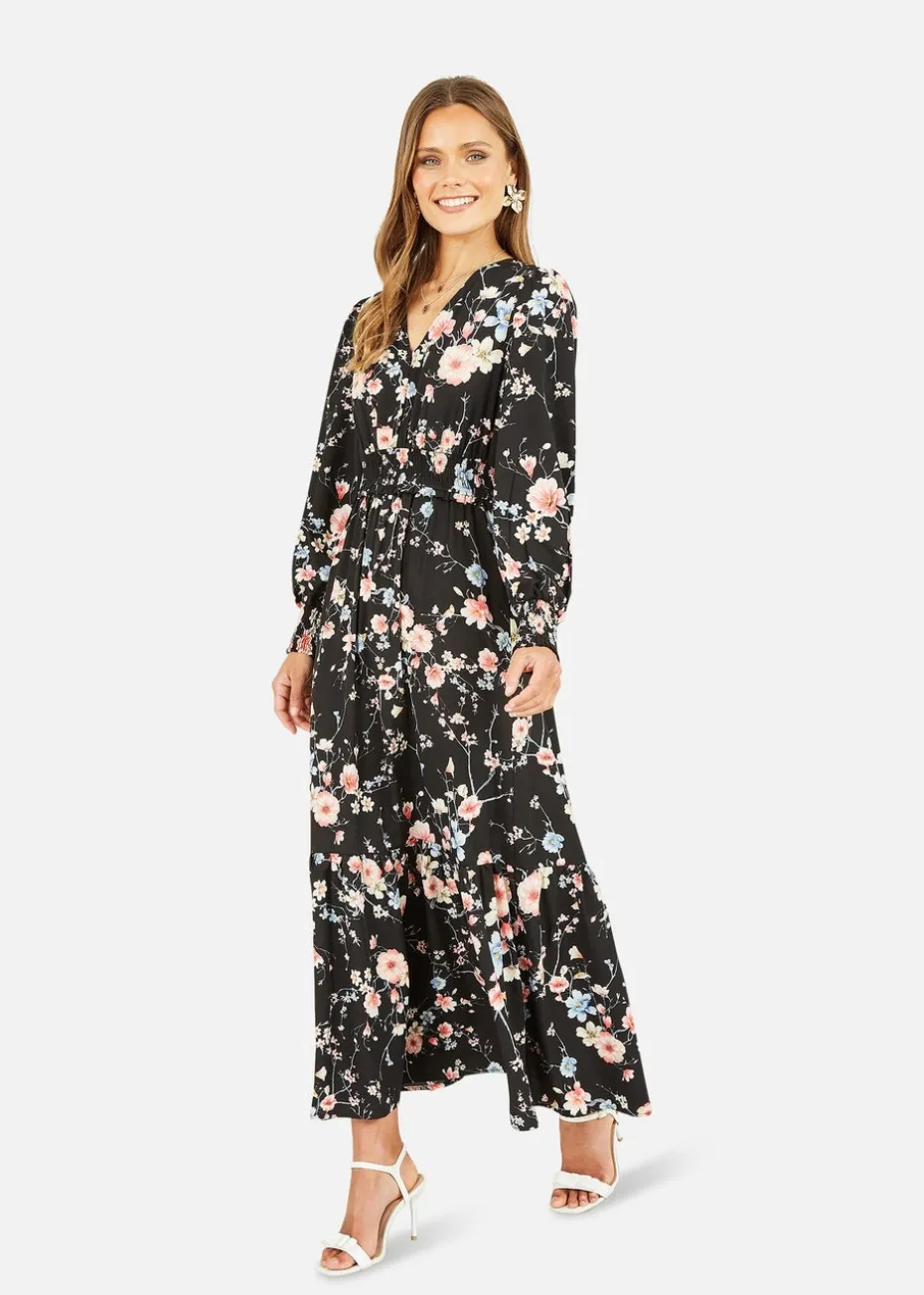 Yumi Black Blossom Floral Print Ruched Long Sleeves Midi Dress