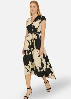 Yumi Black Blossom Print Wrap Midi With Dipped Hem