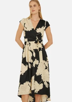 Yumi Black Blossom Print Wrap Midi With Dipped Hem