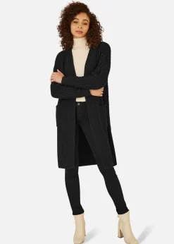 Yumi Black Cable Knit Edge to Edge Long Cardigan With Pockets