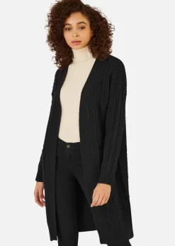 Yumi Black Cable Knit Edge to Edge Long Cardigan With Pockets
