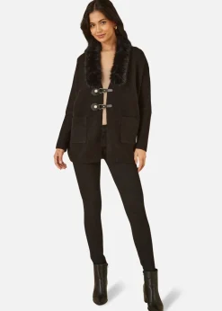 Yumi Black Cardigan With Detachable Fur Collar Trim