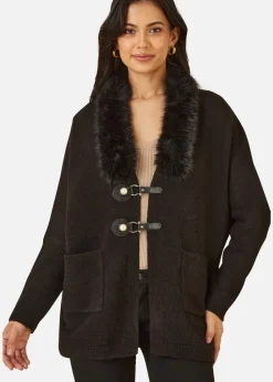 Yumi Black Cardigan With Detachable Fur Collar Trim
