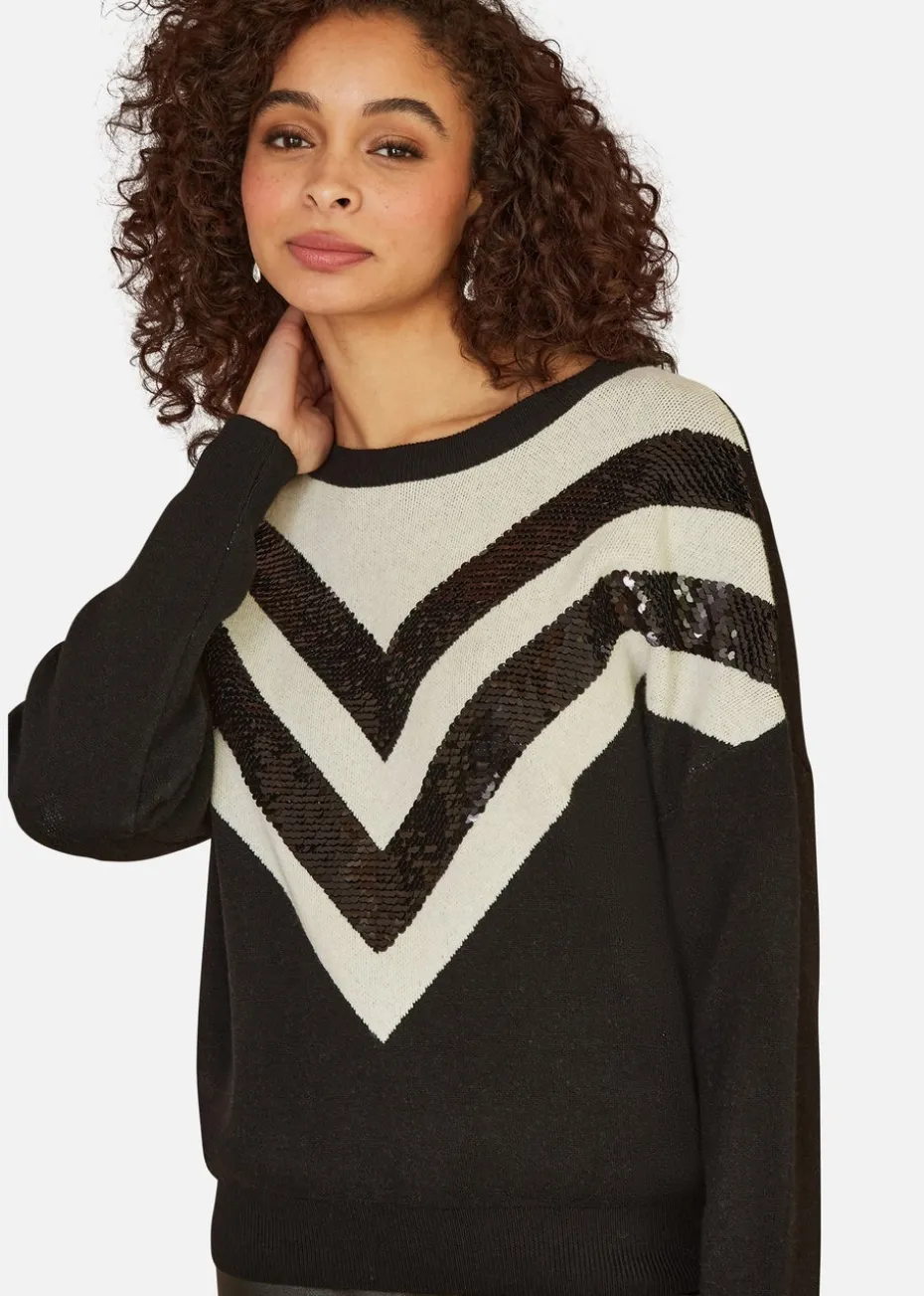Yumi Black Chevron Knitted Relaxed Jumper With Sequins