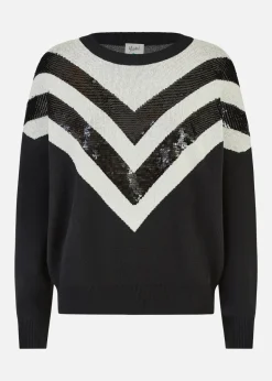 Yumi Black Chevron Knitted Relaxed Jumper With Sequins