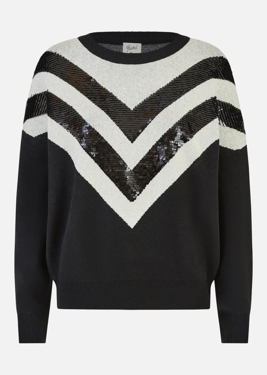 Yumi Black Chevron Knitted Relaxed Jumper With Sequins