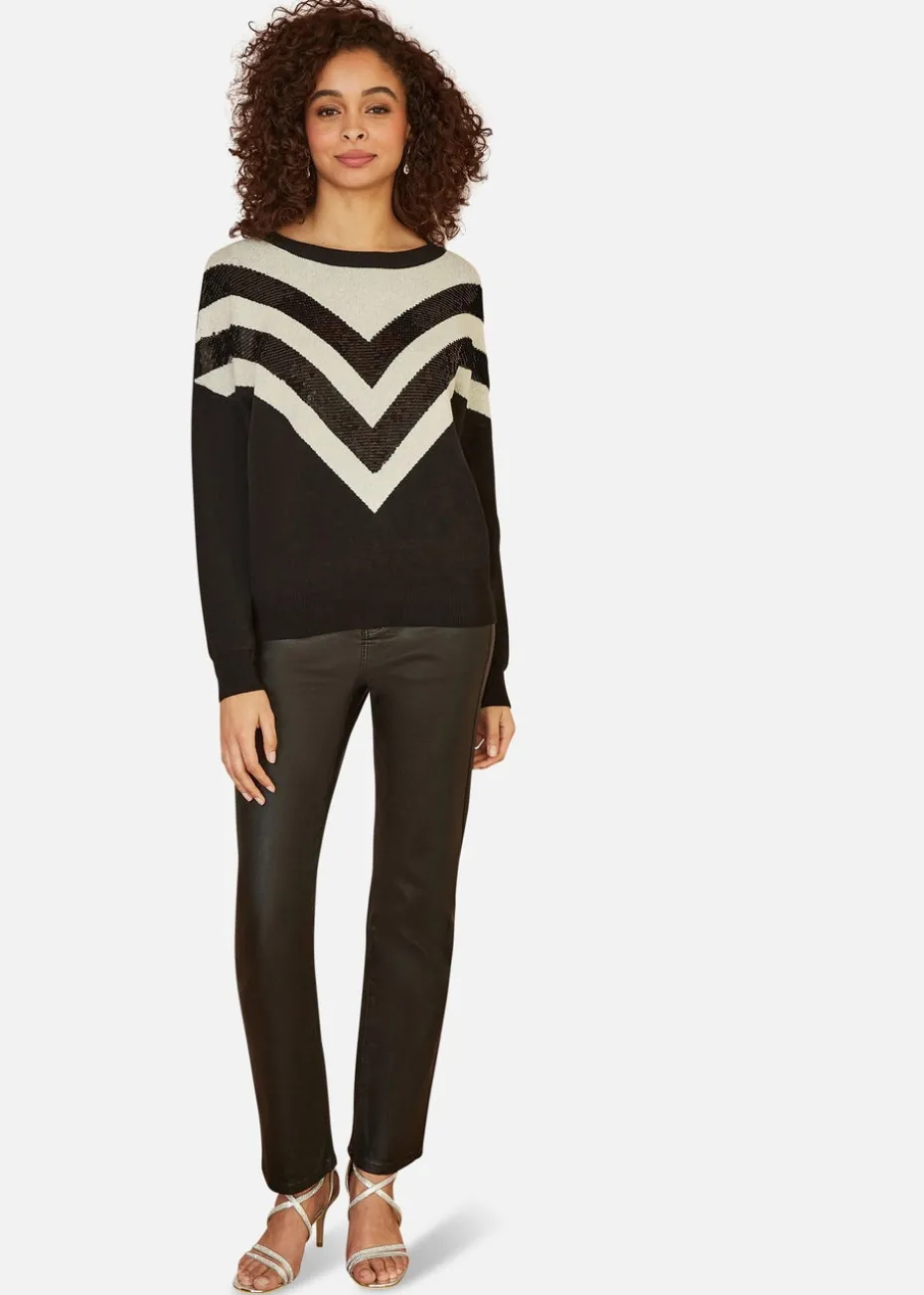 Yumi Black Chevron Knitted Relaxed Jumper With Sequins