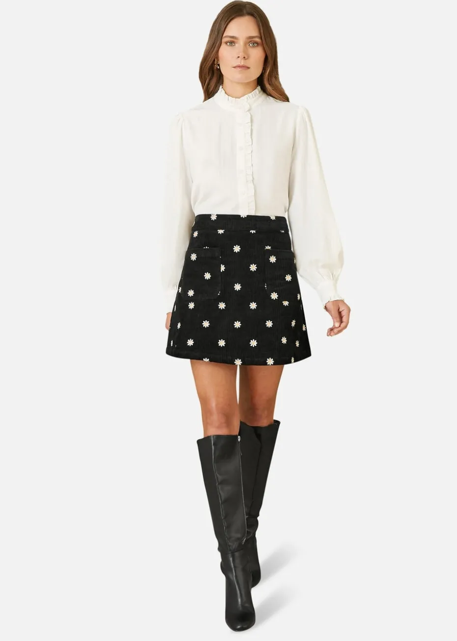 Yumi Black Corduroy Embroidered Daisy Mini Skirt