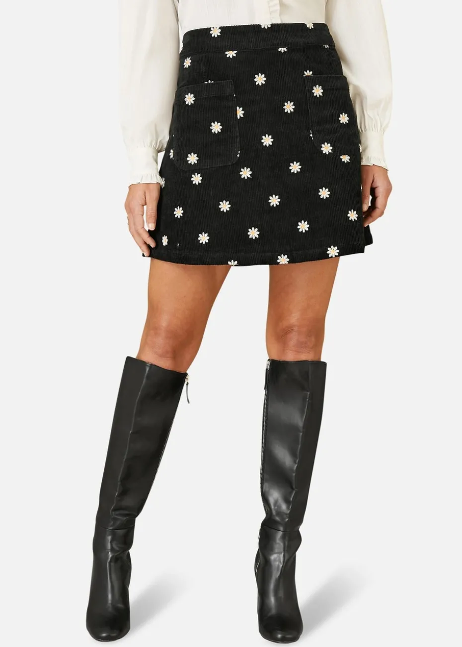 Yumi Black Corduroy Embroidered Daisy Mini Skirt