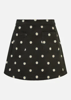 Yumi Black Corduroy Embroidered Daisy Mini Skirt