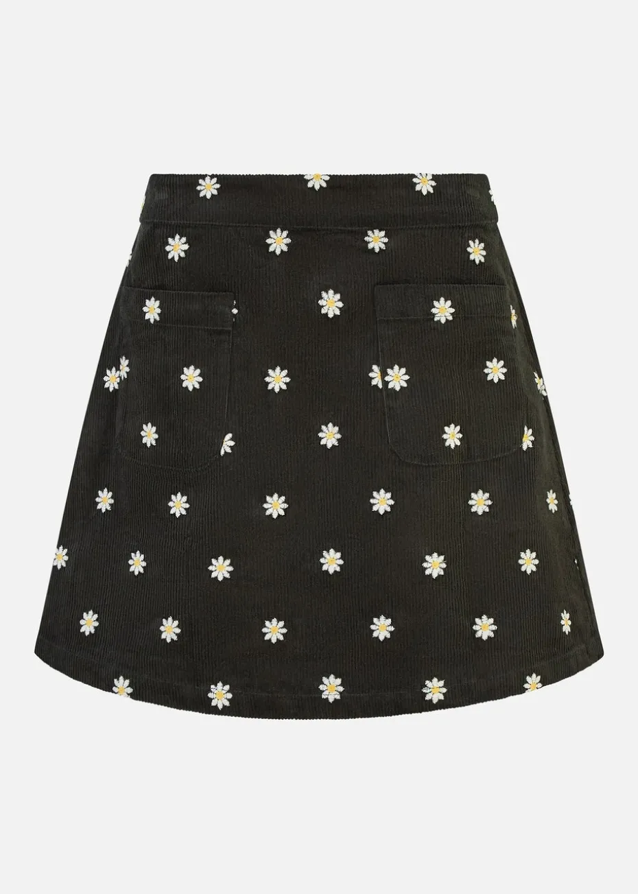 Yumi Black Corduroy Embroidered Daisy Mini Skirt