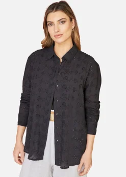 Yumi Black Cotton Broderie Anglaise Relaxed Shirt