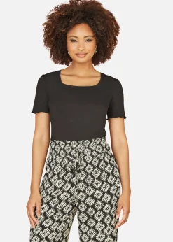 Yumi Black Cotton Jersey Lettuce Trim T-Shirt