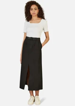 Yumi Black Cotton Midi Skirt With Belt And Split Hem