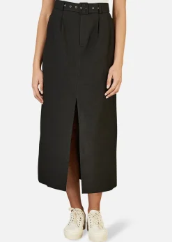 Yumi Black Cotton Midi Skirt With Belt And Split Hem