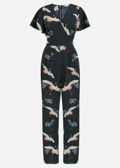 Yumi Black Crane Print Angel Sleeve Jumpsuit