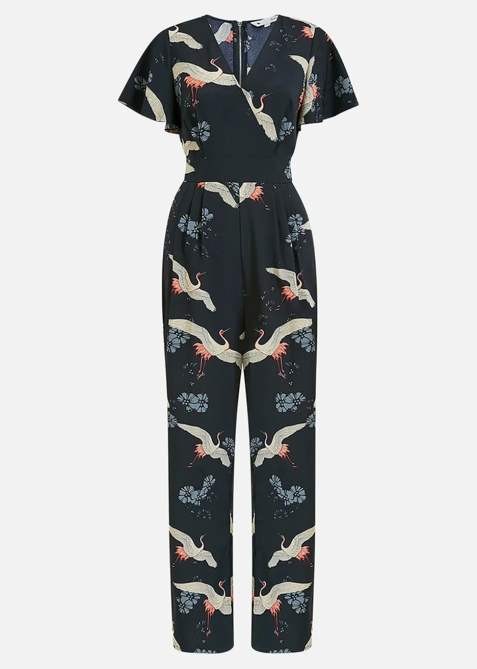 Yumi Black Crane Print Angel Sleeve Jumpsuit
