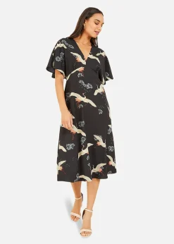 Yumi Black Crane Print Midi Dress