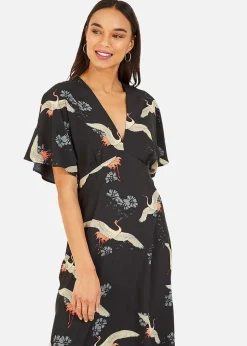 Yumi Black Crane Print Midi Dress