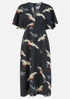 Yumi Black Crane Print Midi Dress