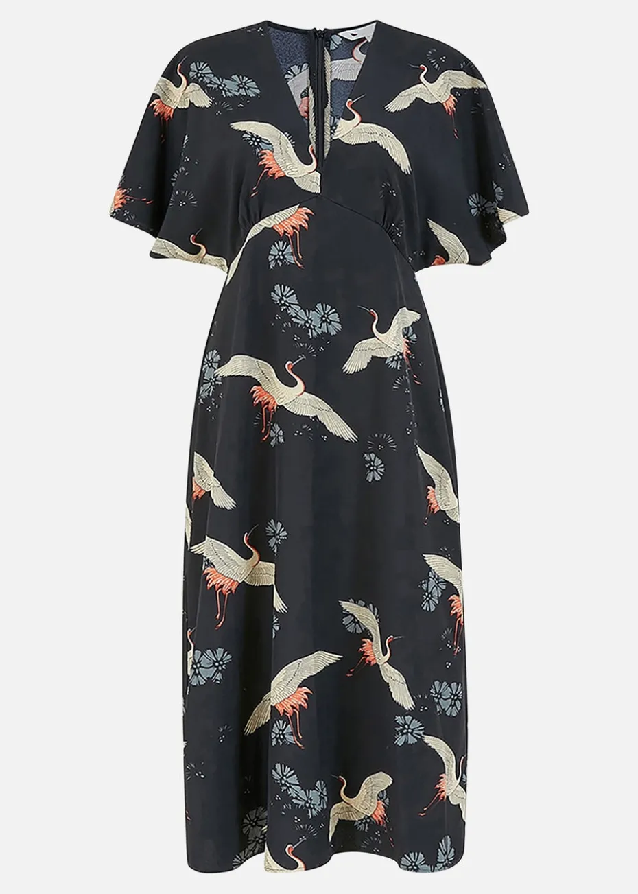 Yumi Black Crane Print Midi Dress