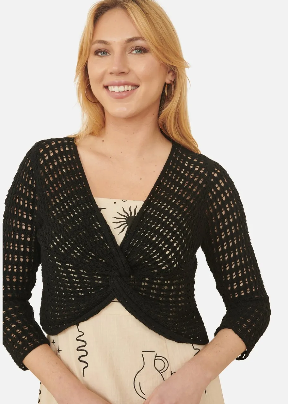 Yumi Black Crochet Cotton Twisted Bolero Top