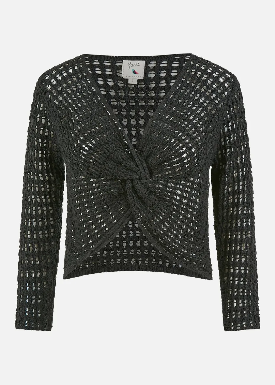 Yumi Black Crochet Cotton Twisted Bolero Top