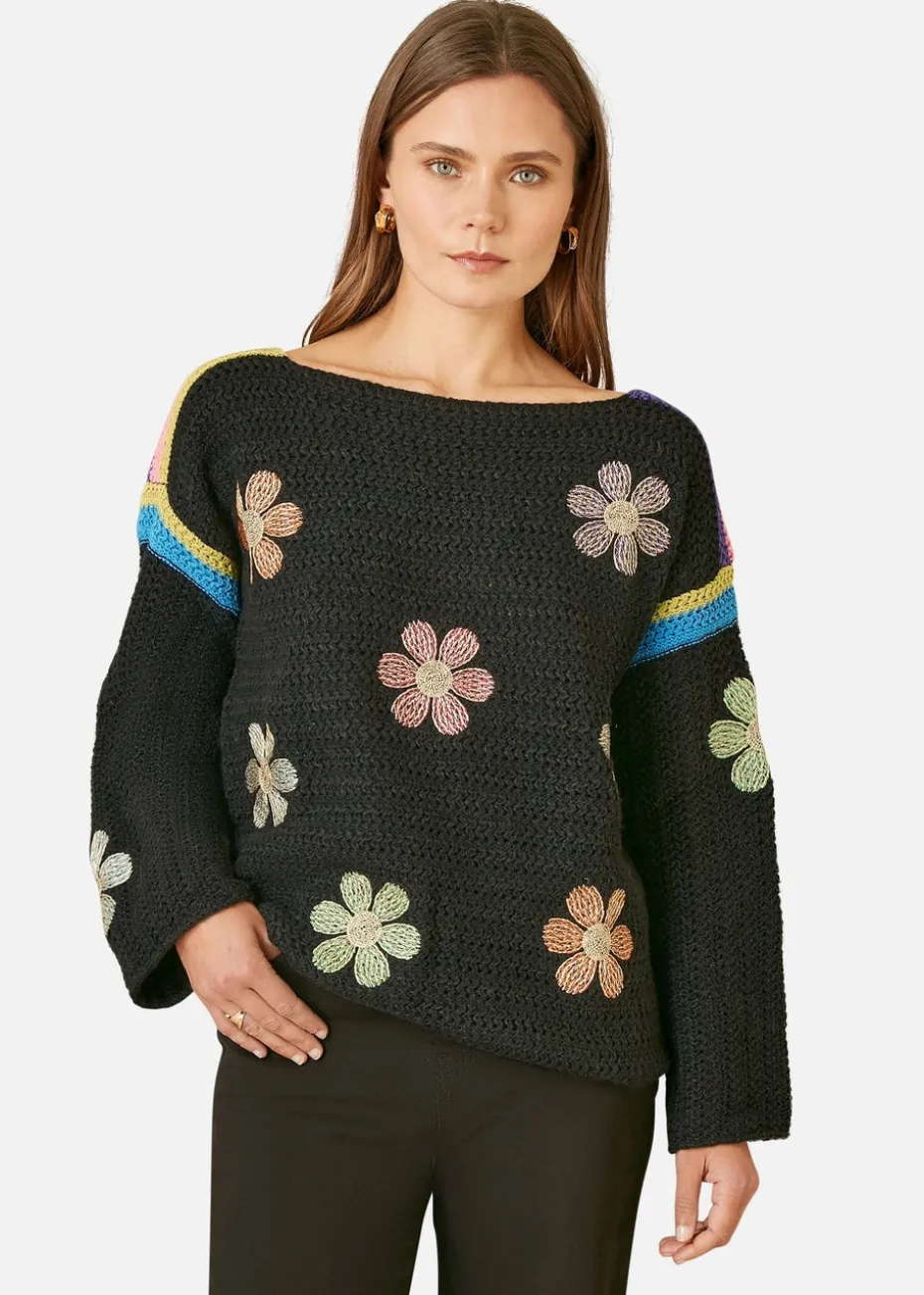 Yumi Black Crochet Flower Jumper