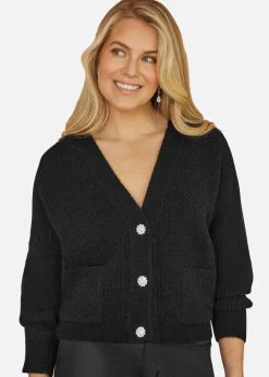 Yumi Black Daisy Button Knitted Relaxed Fit Cardigan