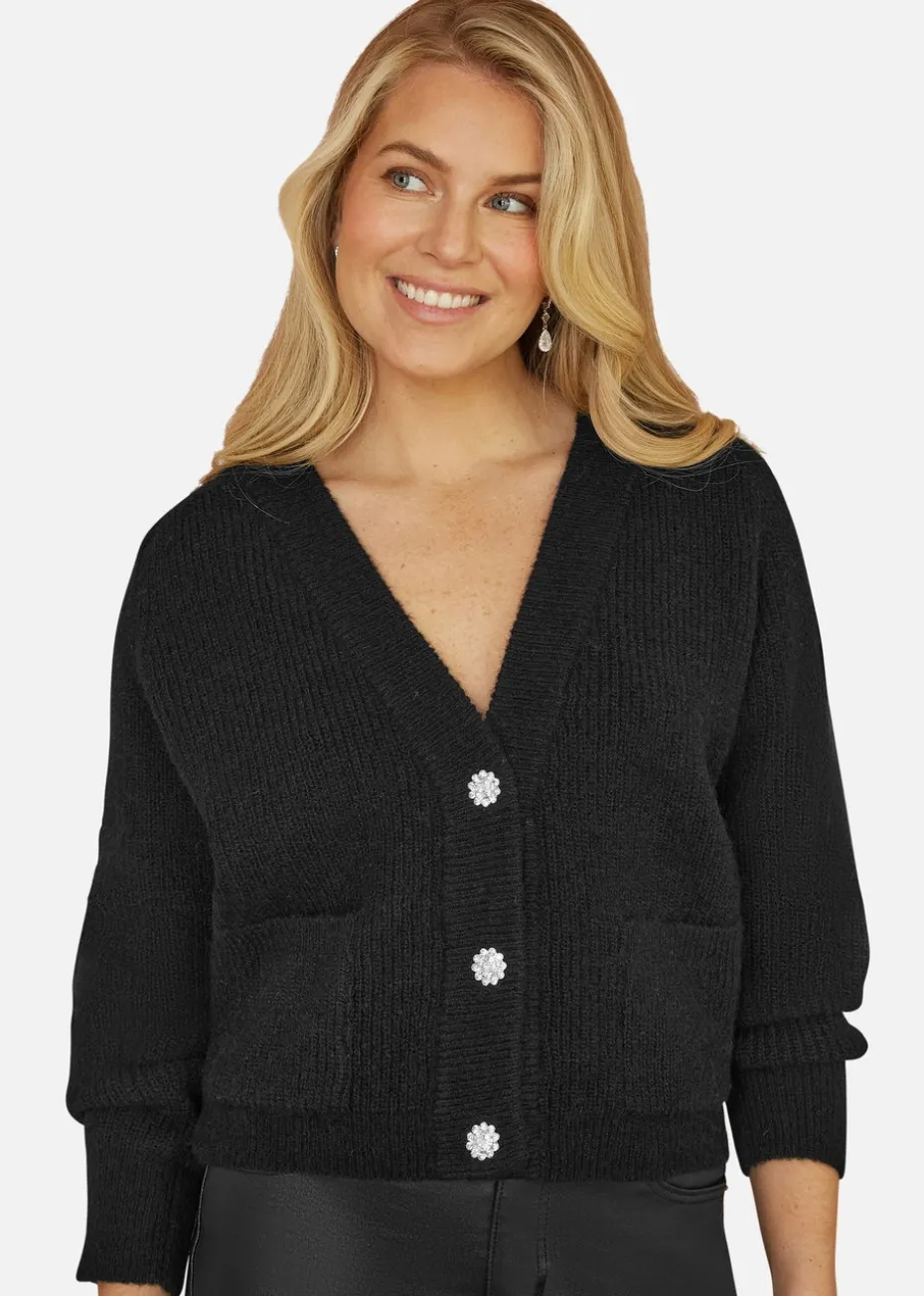 Yumi Black Daisy Button Knitted Relaxed Fit Cardigan