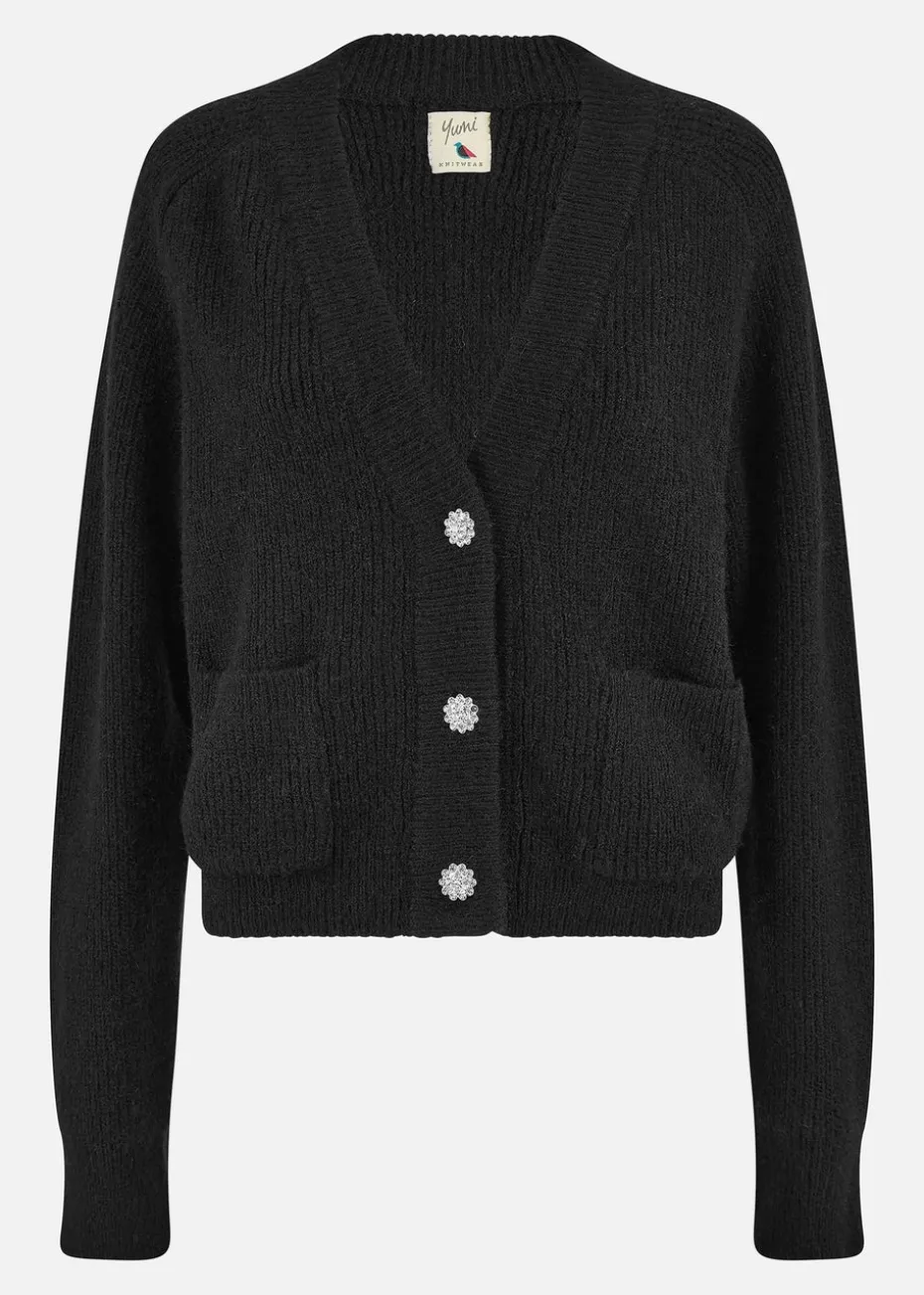 Yumi Black Daisy Button Knitted Relaxed Fit Cardigan