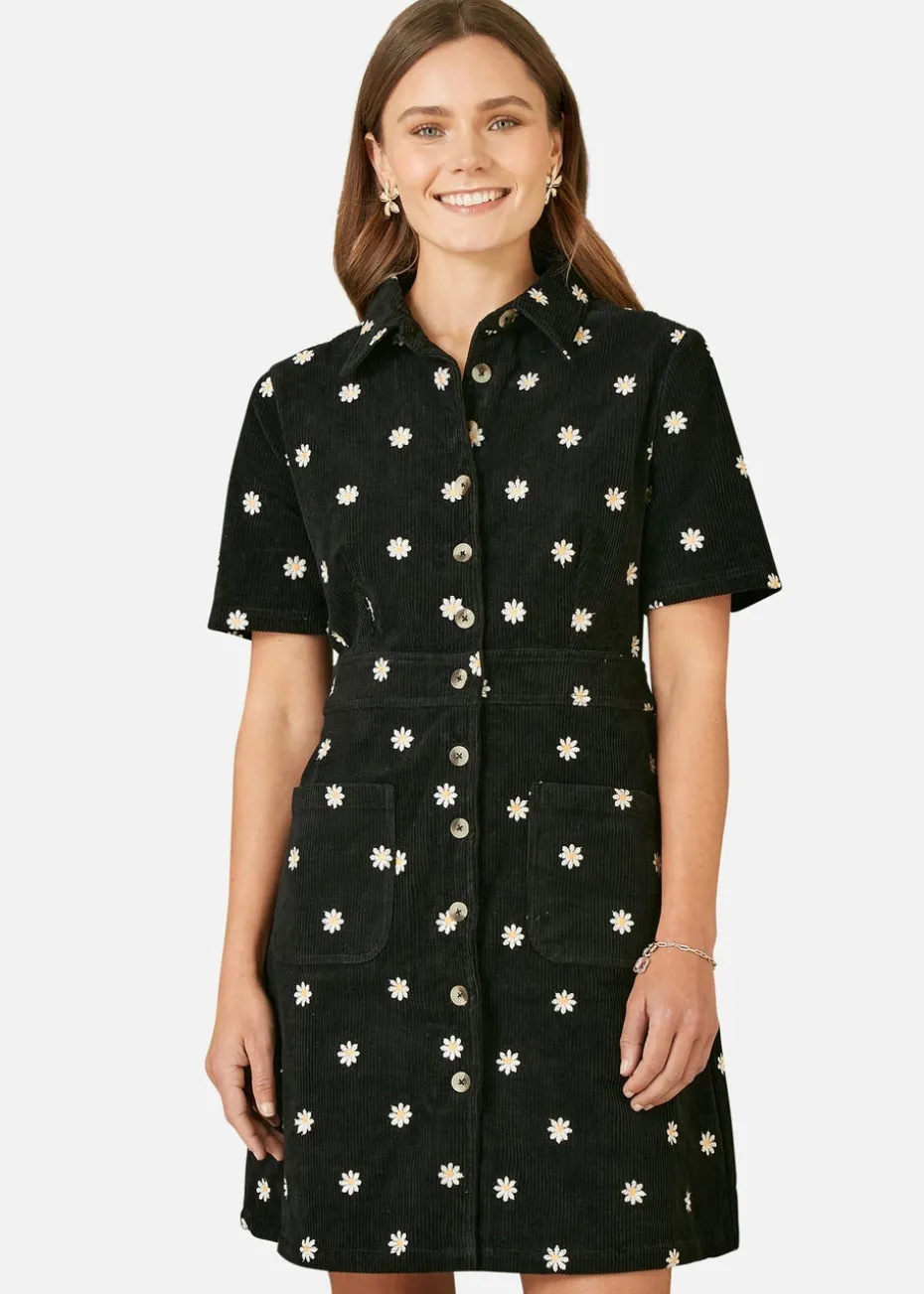 Yumi Black Daisy Embroidered Cord Shirt Dress