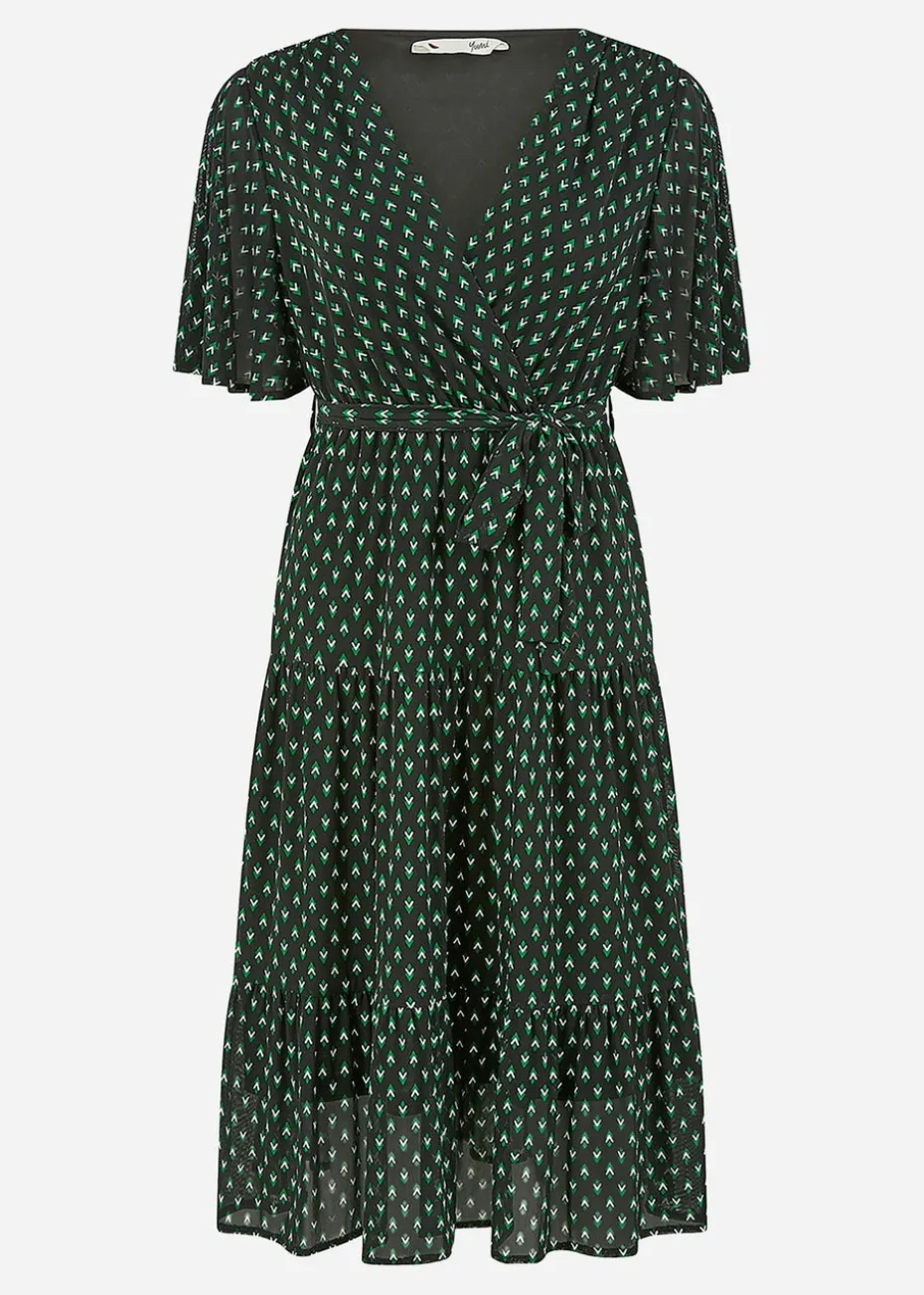 Yumi Black Dot Print Mesh Stretch Midi Skater Dress