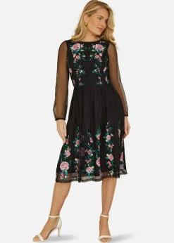 Yumi Black Embroidered Long Mesh Sleeve Prom Skater Dress