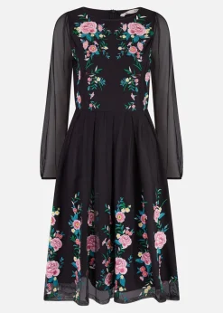Yumi Black Embroidered Long Mesh Sleeve Prom Skater Dress