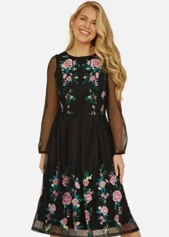 Yumi Black Embroidered Long Mesh Sleeve Prom Skater Dress