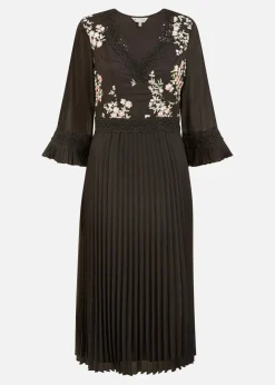 Yumi Black Embroidered Panel Midi Dress With Pleats