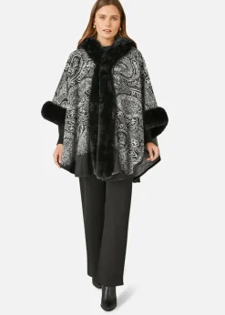 Yumi Black Faux Fur Trim Cape With Paisley Print