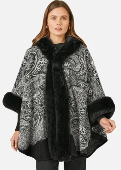 Yumi Black Faux Fur Trim Cape With Paisley Print
