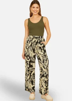 Yumi Black Fern Print Relaxed Fit Trousers